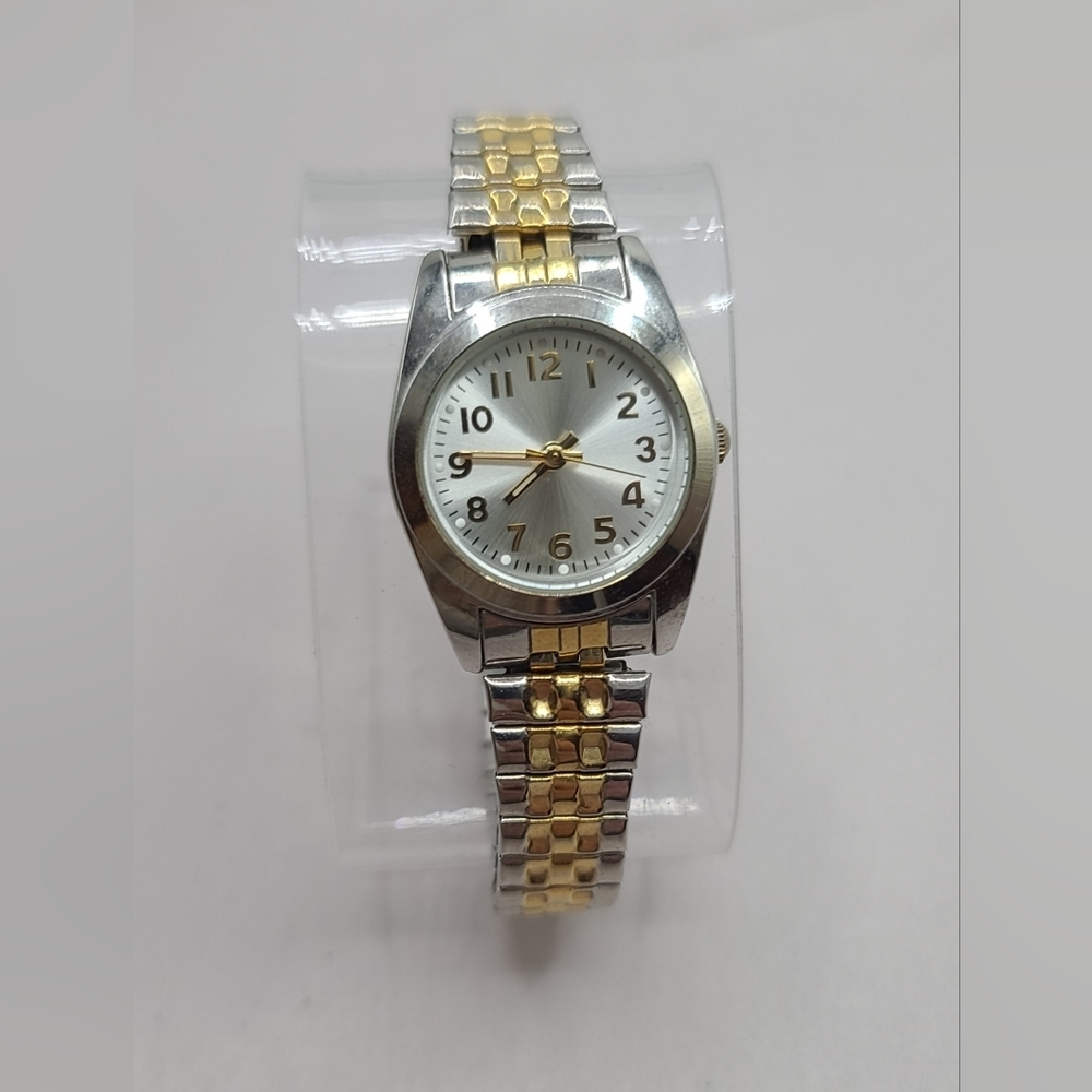 Women's Gold & Silver Tone Round Face Stretchy Band Watch